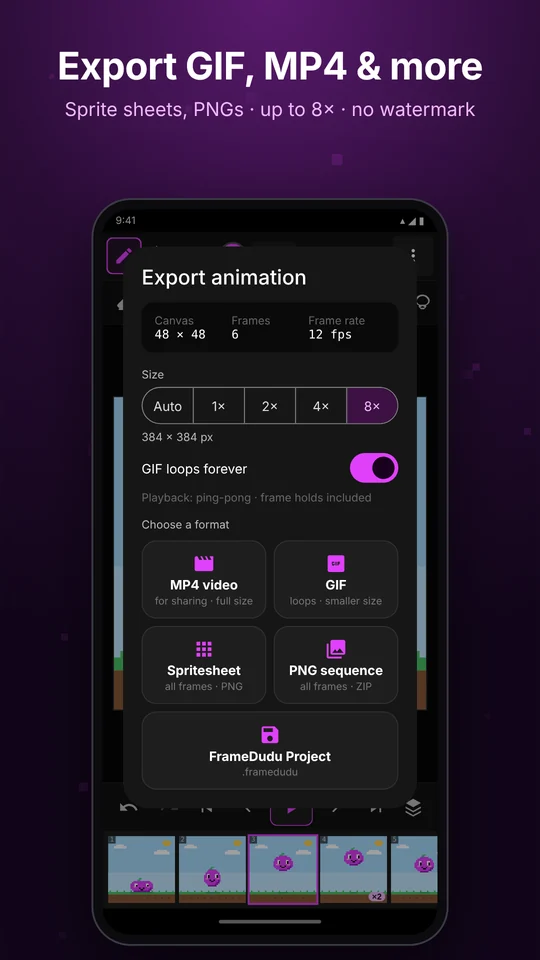 Export GIF, MP4, sprite sheets and more