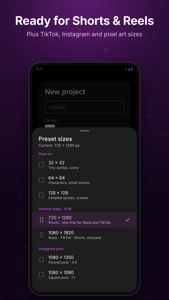Preset sizes for Shorts, Reels and TikTok